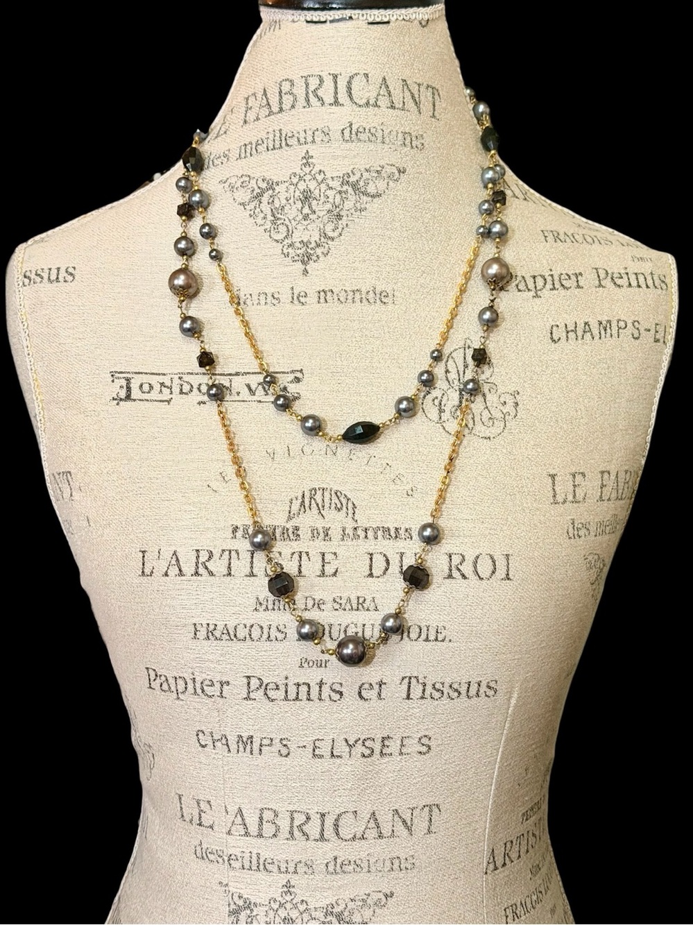 Beaded Black Pearl Hematite Crystal Necklace Set on a Gold Chain Two Piece Set